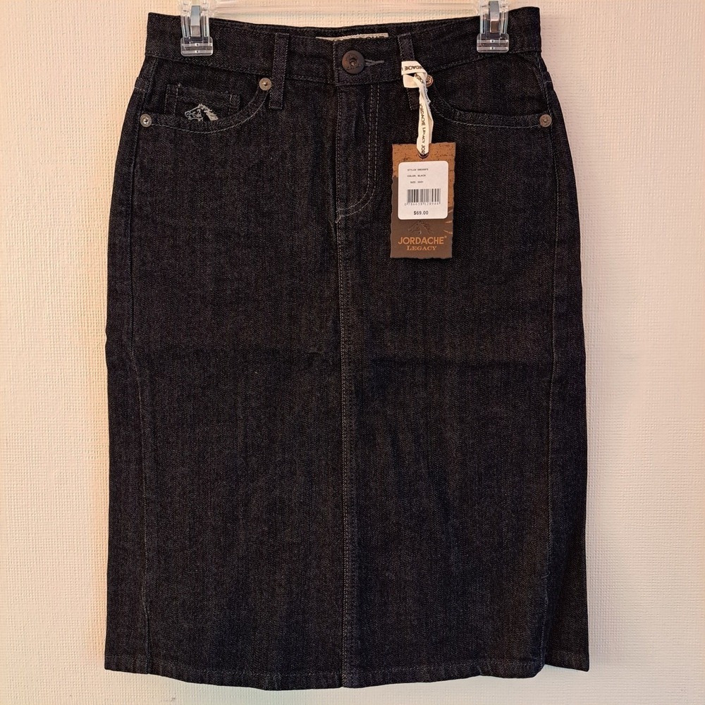 Jordache Legacy Knee Length Denim Skirt 29 Black NWT Grommet Pocket 1400-330